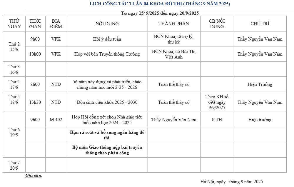 LỊCH CÔNG TÁC TUẦN 04 KHOA ĐÔ THỊ
