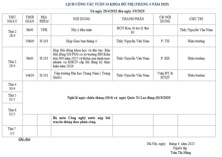 LỊCH CÔNG TÁC TUẦN 35 KHOA ĐÔ THỊ