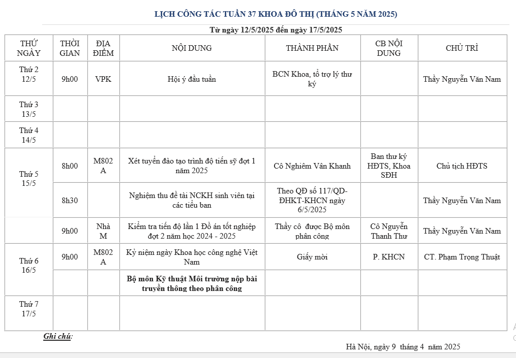 LỊCH CÔNG TÁC TUẦN 37 KHOA ĐÔ THỊ.