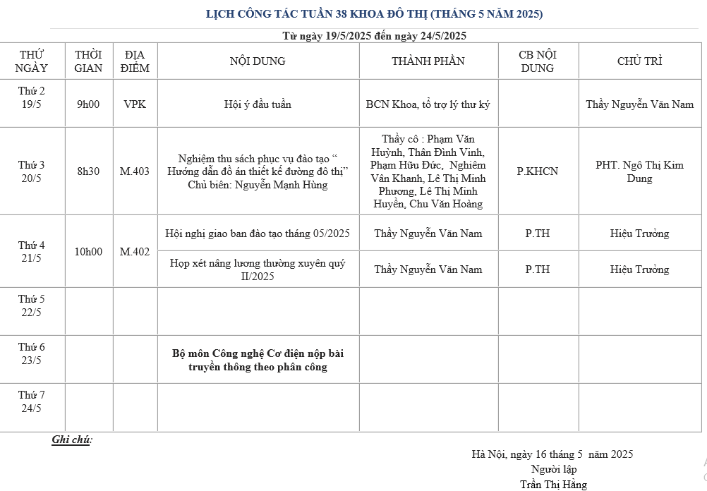 LỊCH CÔNG TÁC TUẦN 38 KHOA ĐÔ THỊ
