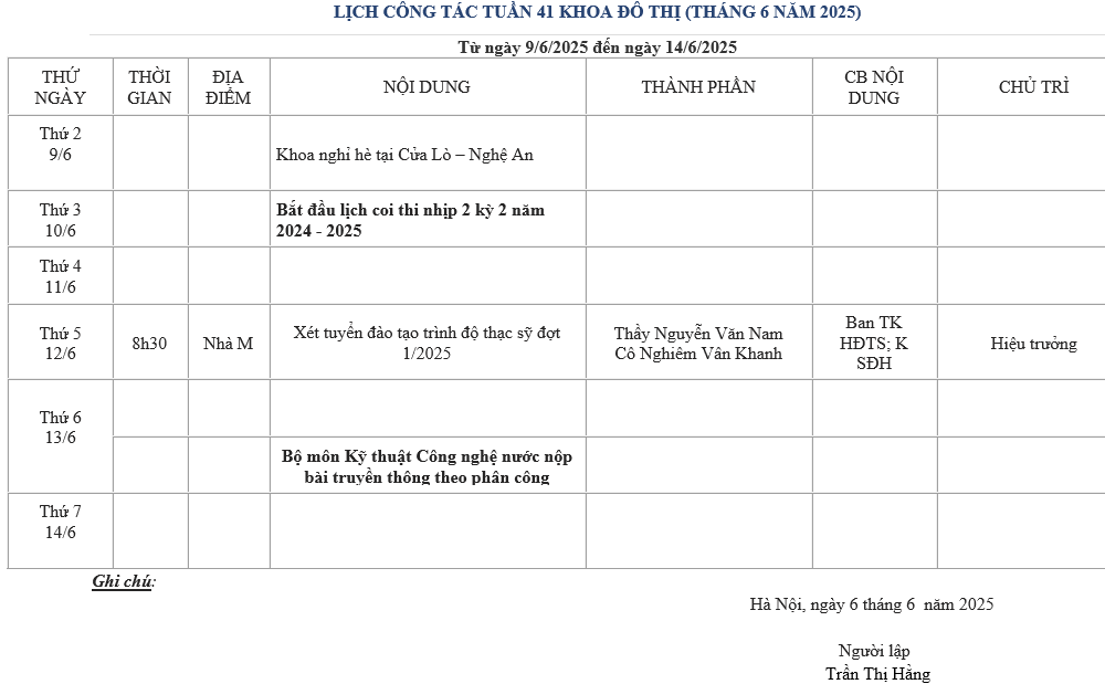 LỊCH CÔNG TÁC TUẦN 41 KHOA ĐÔ THỊ