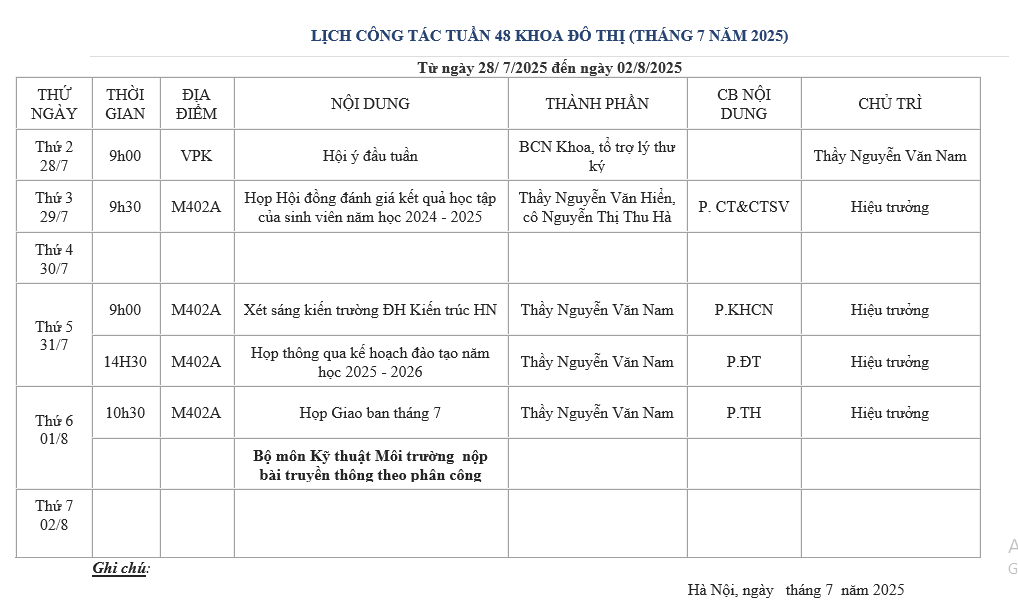 LỊCH CÔNG TÁC TUẦN 48 KHOA ĐÔ THỊ
