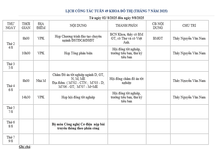 LỊCH CÔNG TÁC TUẦN 49 KHOA ĐÔ THỊ