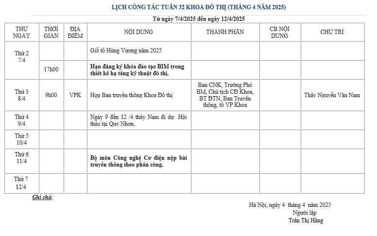 LỊCH TUẦN 32 KHOA ĐÔ THỊ